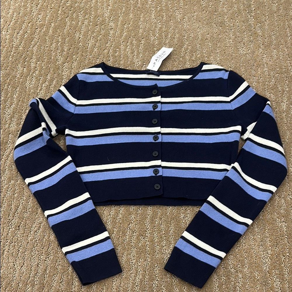Striped Blue and White Cropped Cardigan